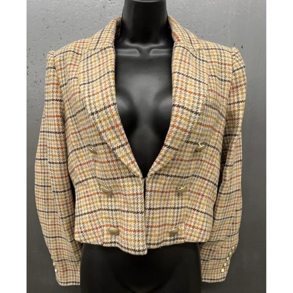 Wool Blend Tweed Blazer Jacket Women 6 Brown Houndstooth Plaid Crop Buttons Chic